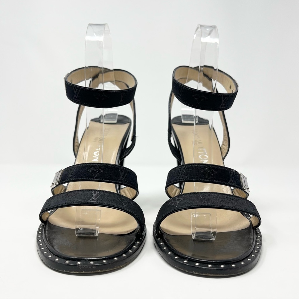 Louis Vuitton Mini Lin Logo Monogram Black Sandals High Heels Shoes Womens 40 10 - Picture 3 of 12